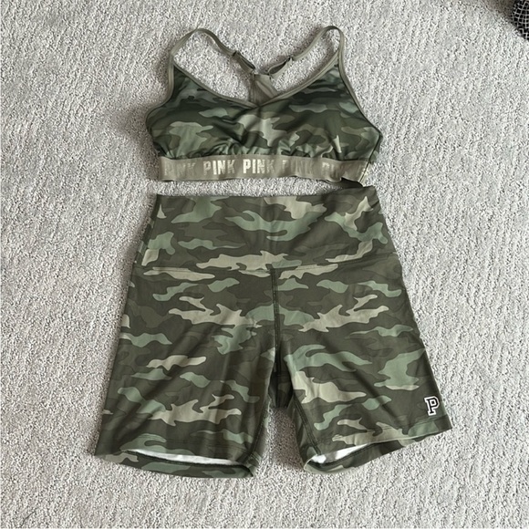 EUC L VS PINK Ultimate camo workout set high waisted biker spandex & sports bra